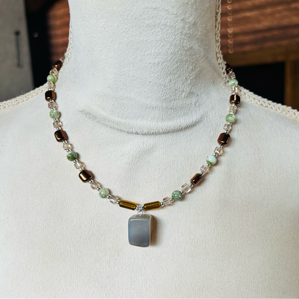 Handcrafted orca agate pendant copper oil slick glass beaded necklace